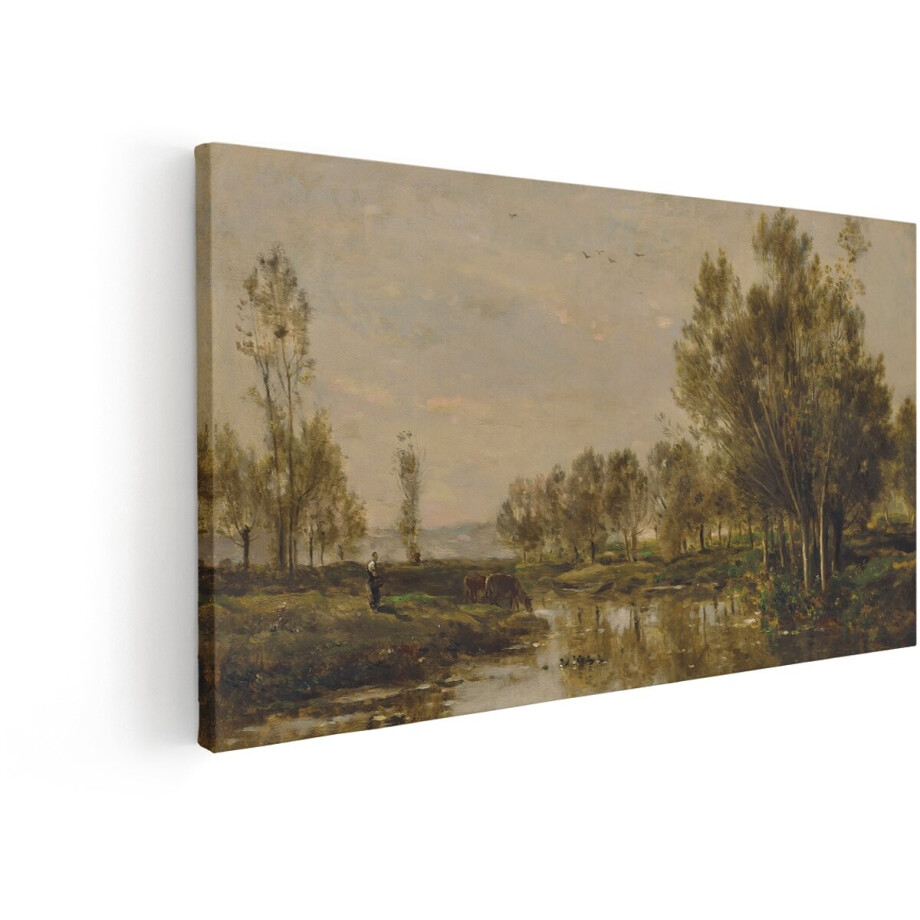 Artaza Canvas Schilderij Schilderachtig Landschap met Grazende Koeien en een Persoon bij een Rivier - 60x30 cm - Wanddecoratie Woonkamer - Schilderijen - Muurdecoratie afbeelding 1
