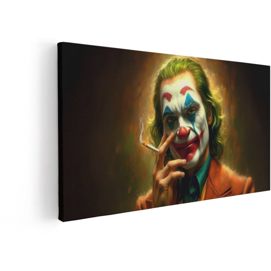 Artaza Canvas Schilderij De Joker met Clownsmake-Up en een Sigaret - een Iconisch Personage - 120x60 cm - Groot - Wanddecoratie Woonkamer - Schilderijen - Muurdecoratie afbeelding 1