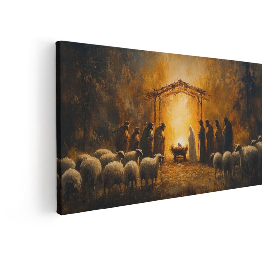 Artaza Canvas Schilderij Geboorte Jezus - 80x40 cm - Wanddecoratie Kerststal - Muurdecoratie Herders En Schapen - Decoratie Heilige Nacht afbeelding 1