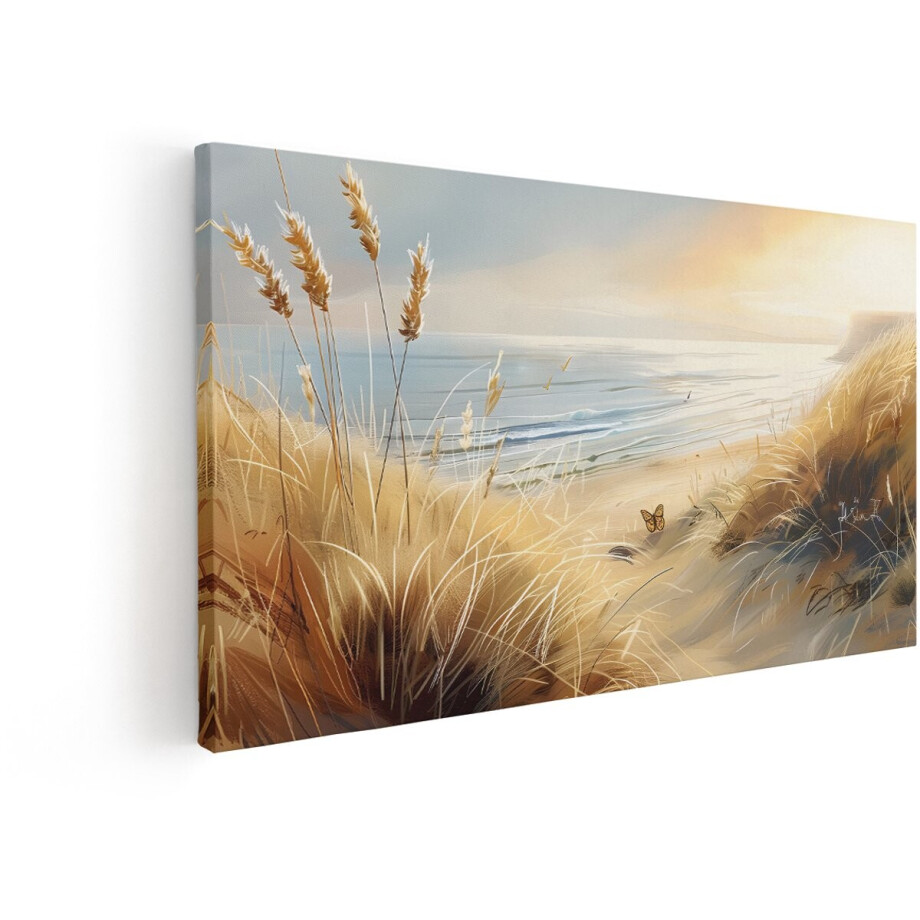 Artaza Canvas Schilderij Zonsopgang boven de Duinen met Uitzicht op de Kalme Zee en een Vlinder - 120x60 cm - Groot - Wanddecoratie Woonkamer - Schilderijen - Muurdecoratie afbeelding 1