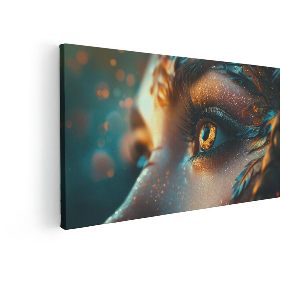 Artaza Canvas Schilderij Vrouw - 120x60 cm - Wanddecoratie Oog Close-Up - Muurdecoratie Goud - Decoratie Mystiek Glitter afbeelding 1
