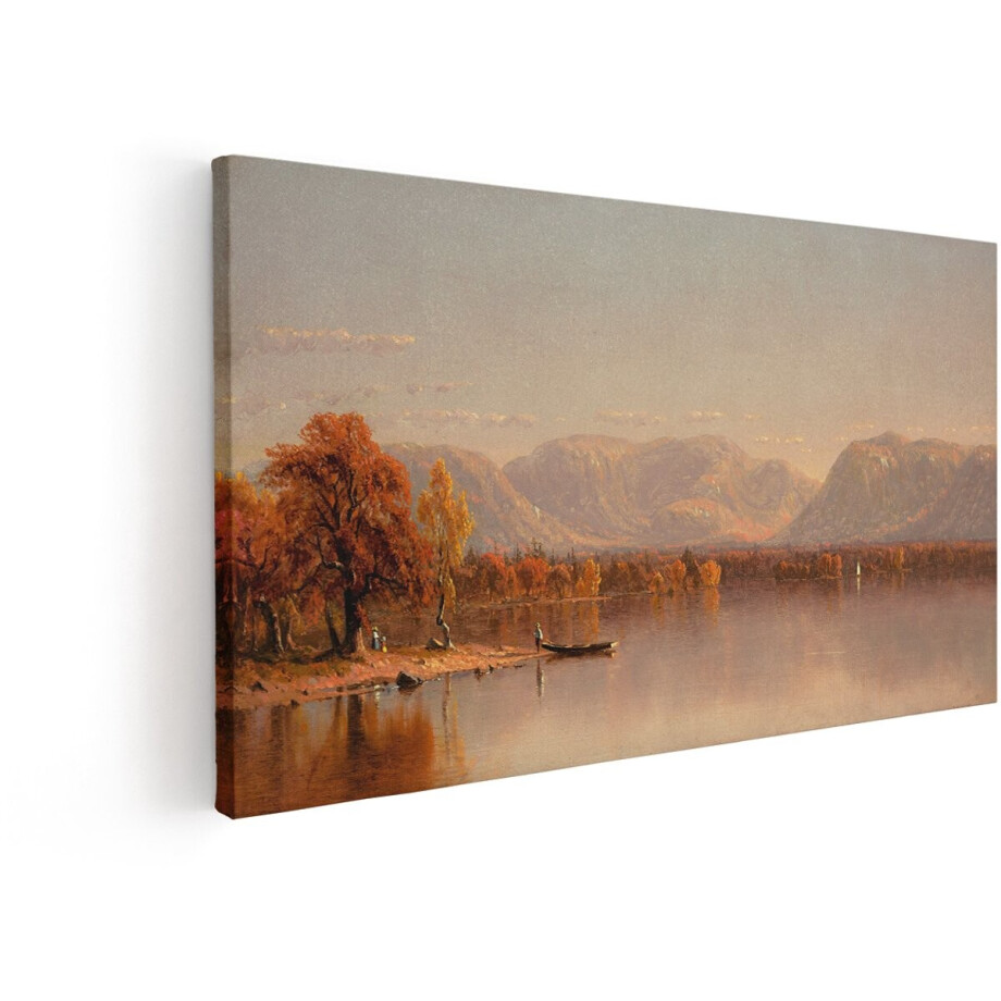Artaza Canvas Schilderij Herfstlandschap - 80x40 cm - Wanddecoratie Bergen En Meer - Muurdecoratie Zonsondergang - Decoratie Natuur Oranje afbeelding 1