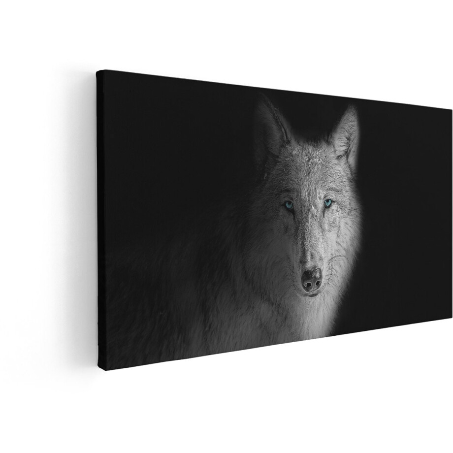 Artaza Canvas Schilderij Wolf - 100x50 cm - Wanddecoratie Dieren - Muurdecoratie Zwart Wit - Decoratie Dierenkop - Blauwe Ogen afbeelding 1