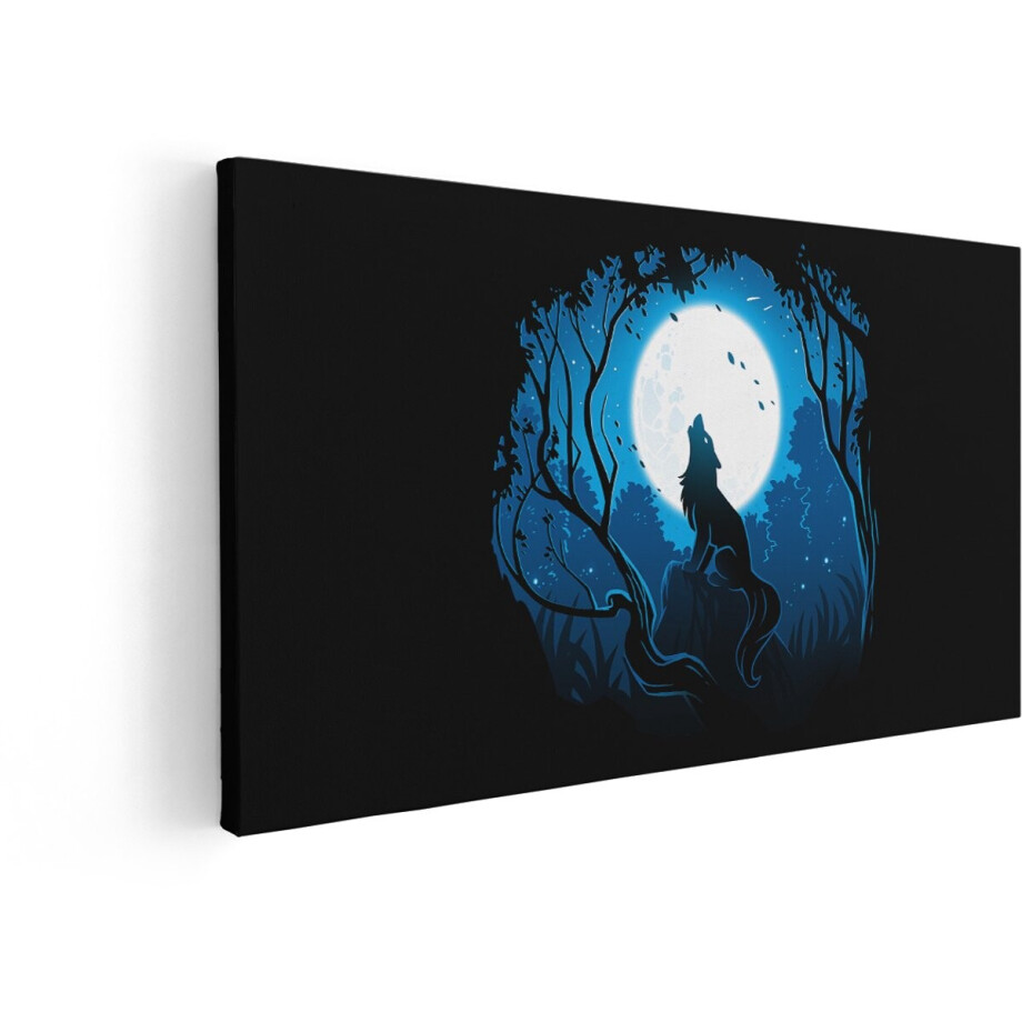 Artaza Canvas Schilderij Wolf Huilt Naar de Volle Maan in een Mystiek Bos bij Nacht - 120x60 cm - Groot - Wanddecoratie Woonkamer - Schilderijen - Muurdecoratie afbeelding 1