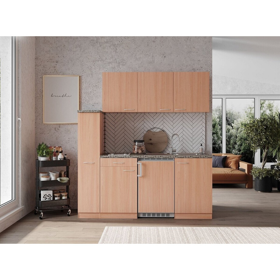 Goedkope keuken 180  cm - complete kleine keuken met apparatuur Gerda - Beuken/Beuken - keramische kookplaat  - koelkast          - mini keuken - compacte keuken - keukenblok met apparatuur afbeelding 1