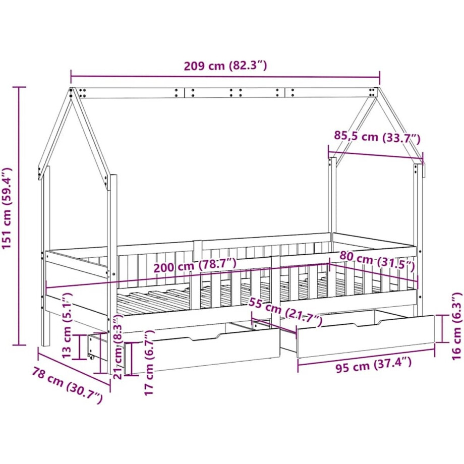 vidaXL - Kinderbedframe - met - lades - 80x200 - cm - massief - grenenhout afbeelding 1