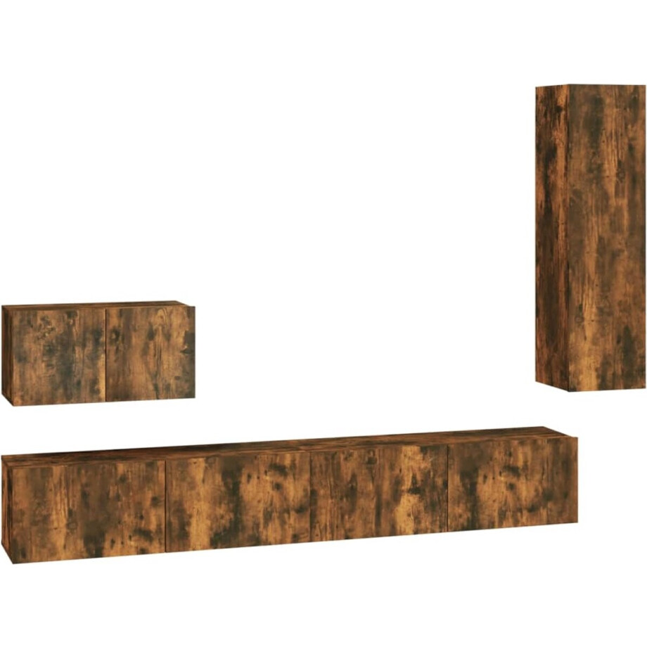 vidaXL - 4-delige - Tv-meubelset - bewerkt - hout - gerookt - eikenkleurig vidaXL - 4-delige - Tv-meubelset - bewerkt - hout - gerookt - eikenkleurig afbeelding 1