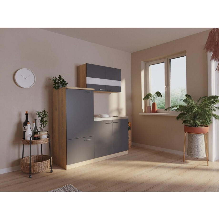 Goedkope keuken 160 cm - complete kleine keuken met apparatuur Luis - Eiken/Grijs - elektrische kookplaat - koelkast - mini keuken - compacte keuken - keukenblok met apparatuur Goedkope keuken 160 cm - complete kleine keuken met apparatuur Luis - Eiken/Grijs - elektrische kookplaat - koelkast - mini keuken - compacte keuken - keukenblok met apparatuur afbeelding 1