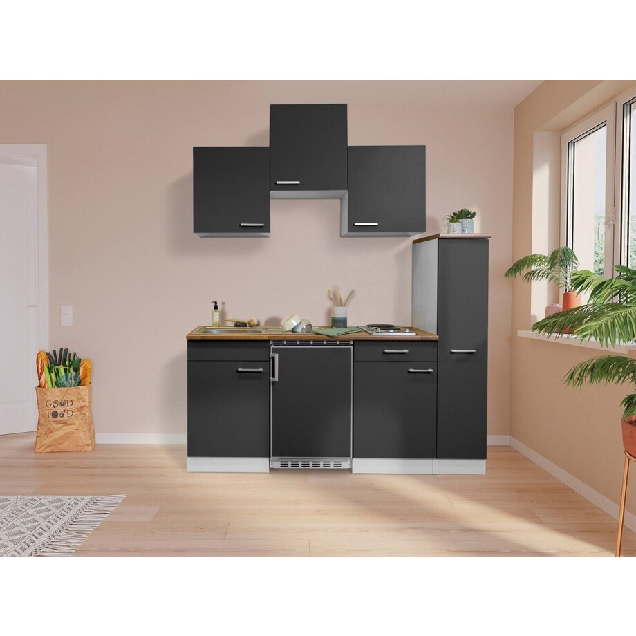 Goedkope keuken 180 cm - complete kleine keuken met apparatuur Luis - Wit/Grijs - elektrische kookplaat - koelkast - mini keuken - compacte keuken - keukenblok met apparatuur afbeelding 1