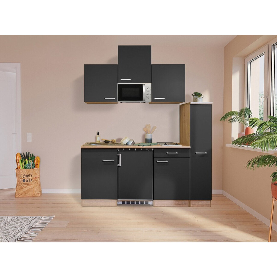 Goedkope keuken 180 cm - complete kleine keuken met apparatuur Luis - Eiken/Grijs - keramische kookplaat - koelkast - magnetron - mini keuken - compacte keuken - keukenblok met apparatuur afbeelding 1
