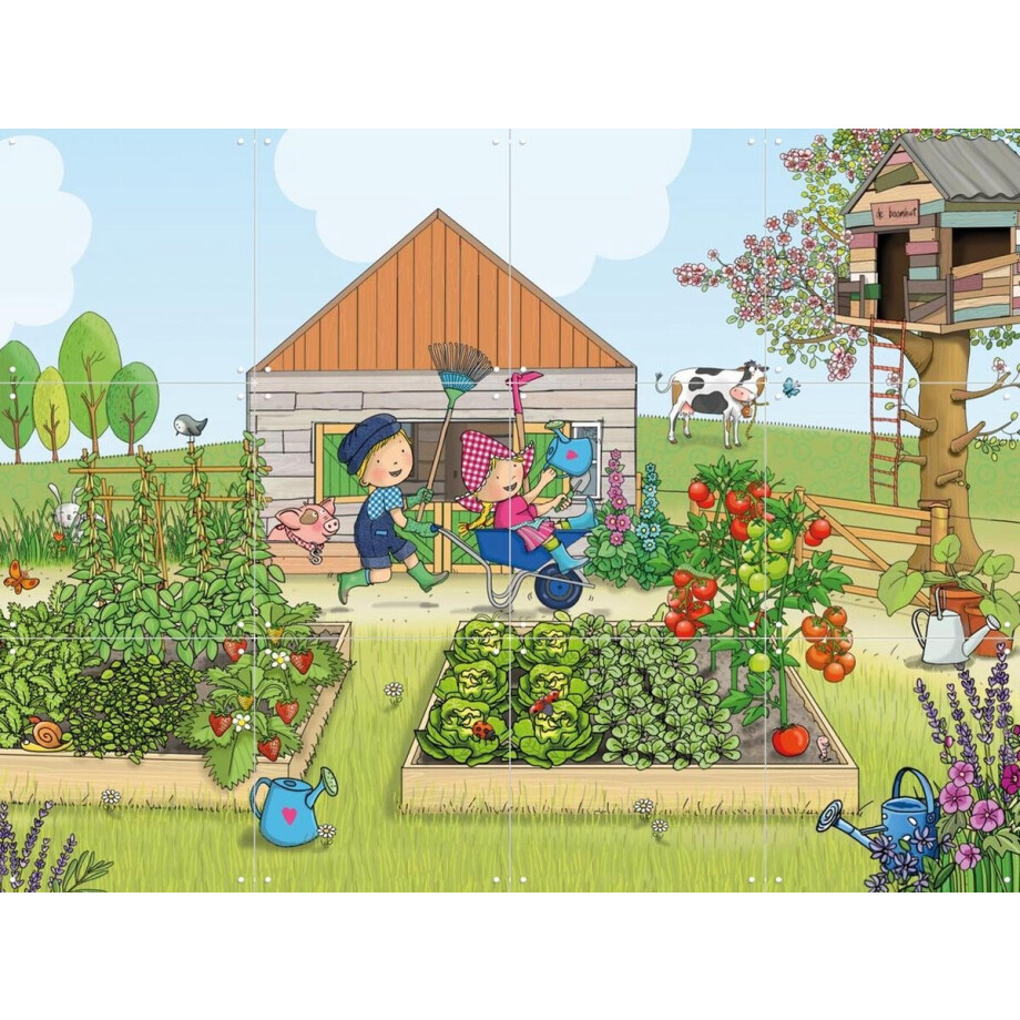 IXXI Fien & Teun in hun moestuin, Fien & Teun & Van Hoorne Studios - 80 x 60 cm - Gratis ophangtool - Grote wanddecoratie en posters - Speels afbeelding 1