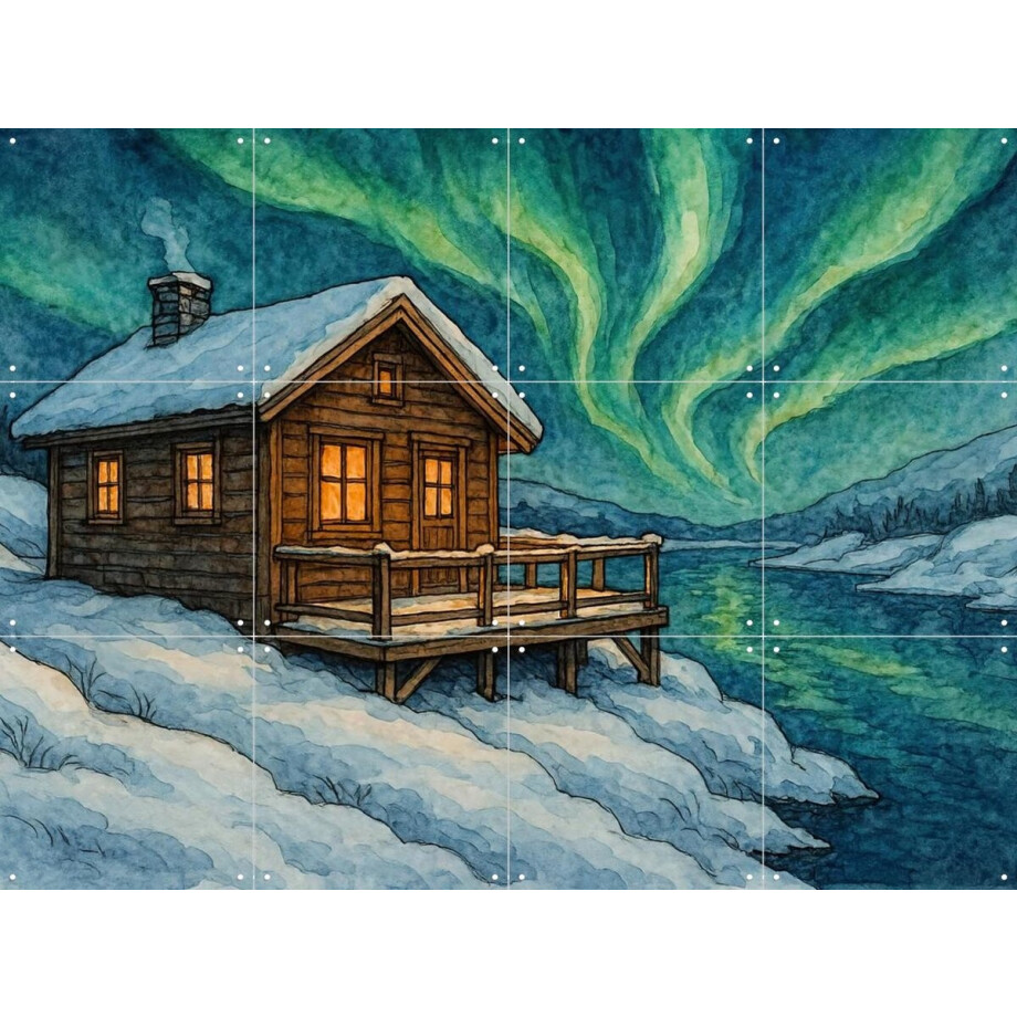 IXXI Houten Huisje Onder Het Noorderlicht, Natalie Bruns - 80 x 60 cm - Gratis ophangtool - Grote wanddecoratie en posters - Kleurrijk, Aquarel IXXI Houten Huisje Onder Het Noorderlicht, Natalie Bruns - 80 x 60 cm - Gratis ophangtool - Grote wanddecoratie en posters - Kleurrijk, Aquarel afbeelding 1