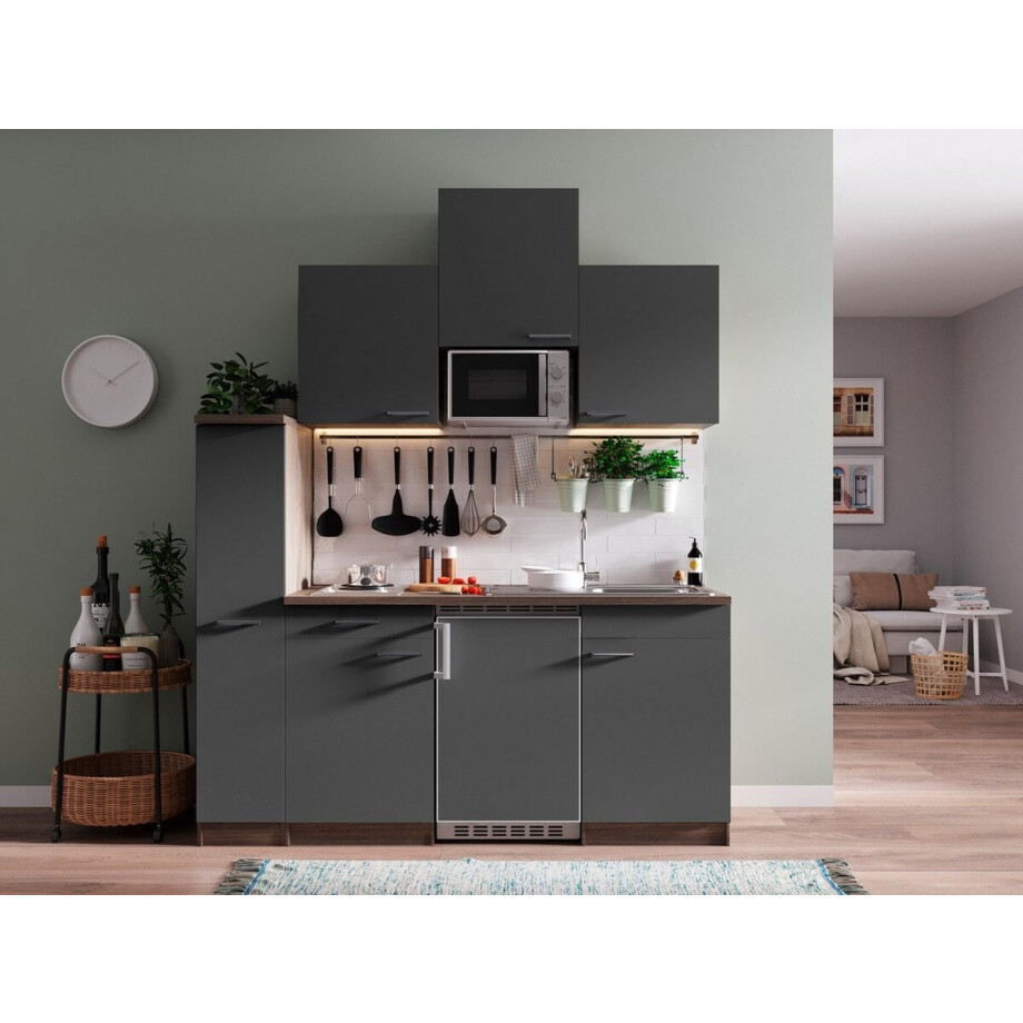 Goedkope keuken 180  cm - complete kleine keuken met apparatuur Oliver - Donker eiken/Grijs - elektrische kookplaat  - koelkast        - magnetron - mini keuken - compacte keuken - keukenblok met apparatuur afbeelding 1