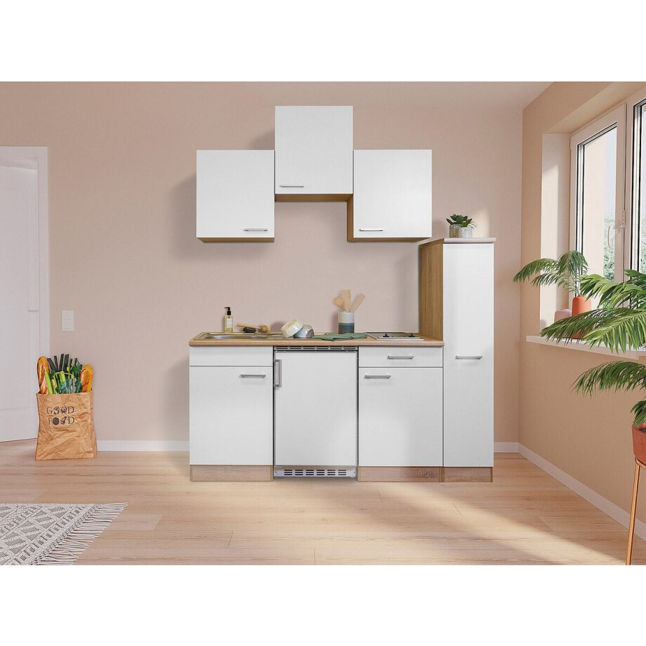 Goedkope keuken 180 cm - complete kleine keuken met apparatuur Luis - Eiken/Wit - keramische kookplaat - koelkast - mini keuken - compacte keuken - keukenblok met apparatuur afbeelding 1