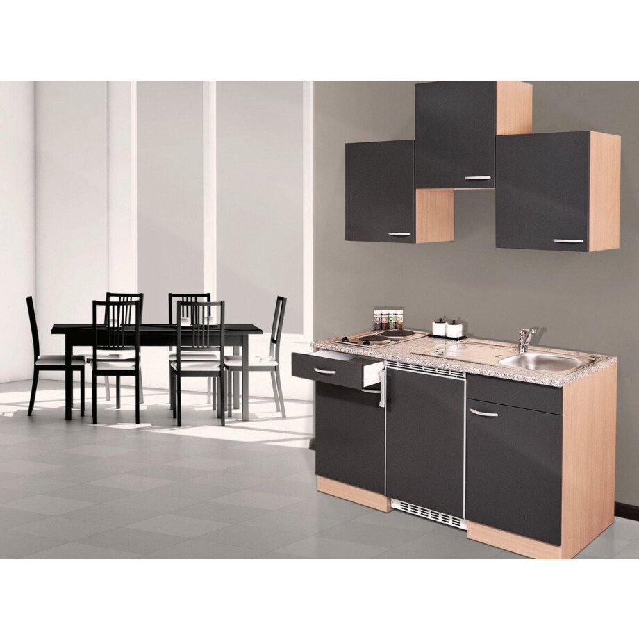 Goedkope keuken 150 cm - complete kleine keuken met apparatuur Gerda - Beuken/Grijs - keramische kookplaat - koelkast - mini keuken - compacte keuken - keukenblok met apparatuur Goedkope keuken 150 cm - complete kleine keuken met apparatuur Gerda - Beuken/Grijs - keramische kookplaat - koelkast - mini keuken - compacte keuken - keukenblok met apparatuur afbeelding 1