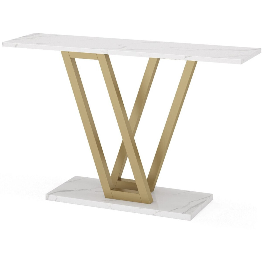 MAZAZU Moderne Sidetable - Luxe Wandtafel - Wit Marmerlook - Goude Frame - 110x30x80cm afbeelding 1