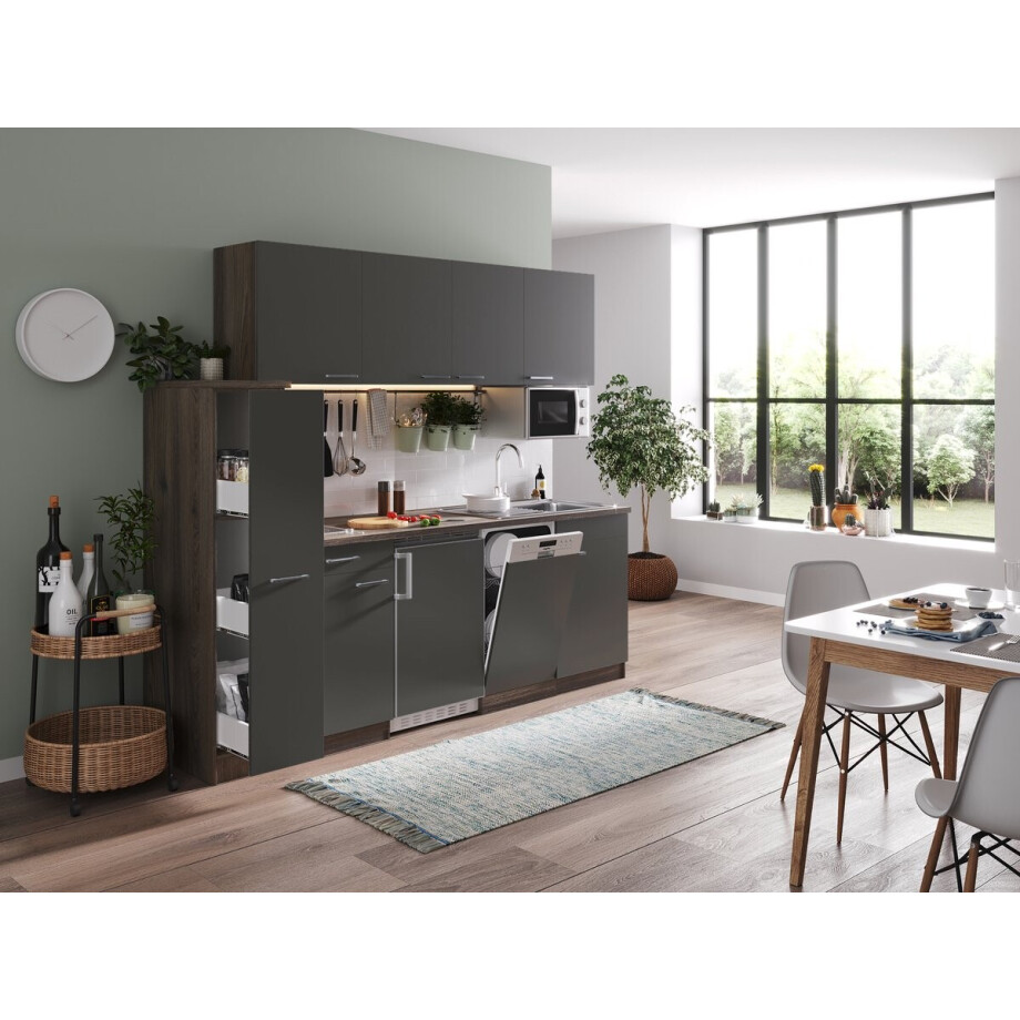 Goedkope keuken 225  cm - complete keuken met apparatuur Oliver  - Donker eiken/Grijs   - keramische kookplaat - vaatwasser     - magnetron  - spoelbak afbeelding 1