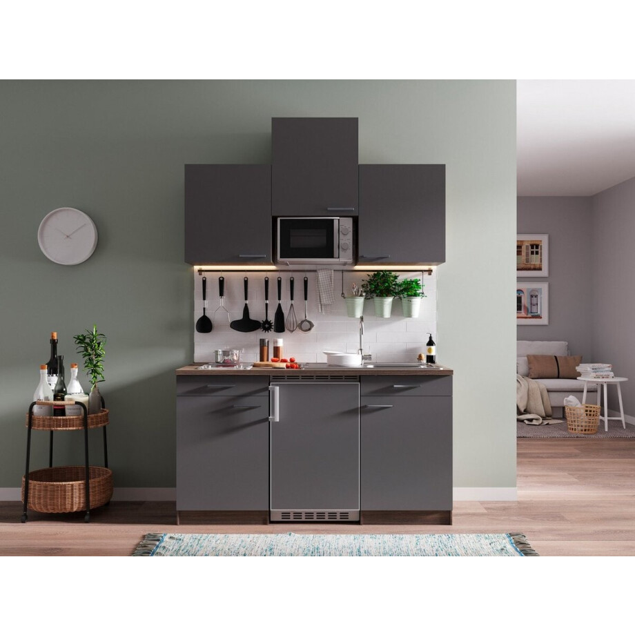 Goedkope keuken 150  cm - complete kleine keuken met apparatuur Oliver - Donker eiken/Grijs - elektrische kookplaat  - koelkast        - magnetron - mini keuken - compacte keuken - keukenblok met apparatuur Goedkope keuken 150  cm - complete kleine keuken met apparatuur Oliver - Donker eiken/Grijs - elektrische kookplaat  - koelkast        - magnetron - mini keuken - compacte keuken - keukenblok met apparatuur afbeelding 1