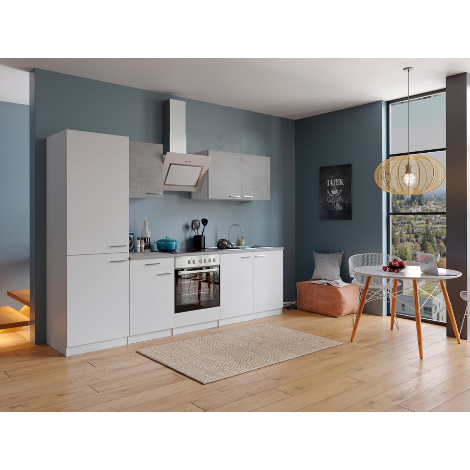 Goedkope keuken 270 cm - complete keuken met apparatuur Malia - Wit/Beton - soft close - keramische kookplaat - afzuigkap - oven - spoelbak afbeelding 1