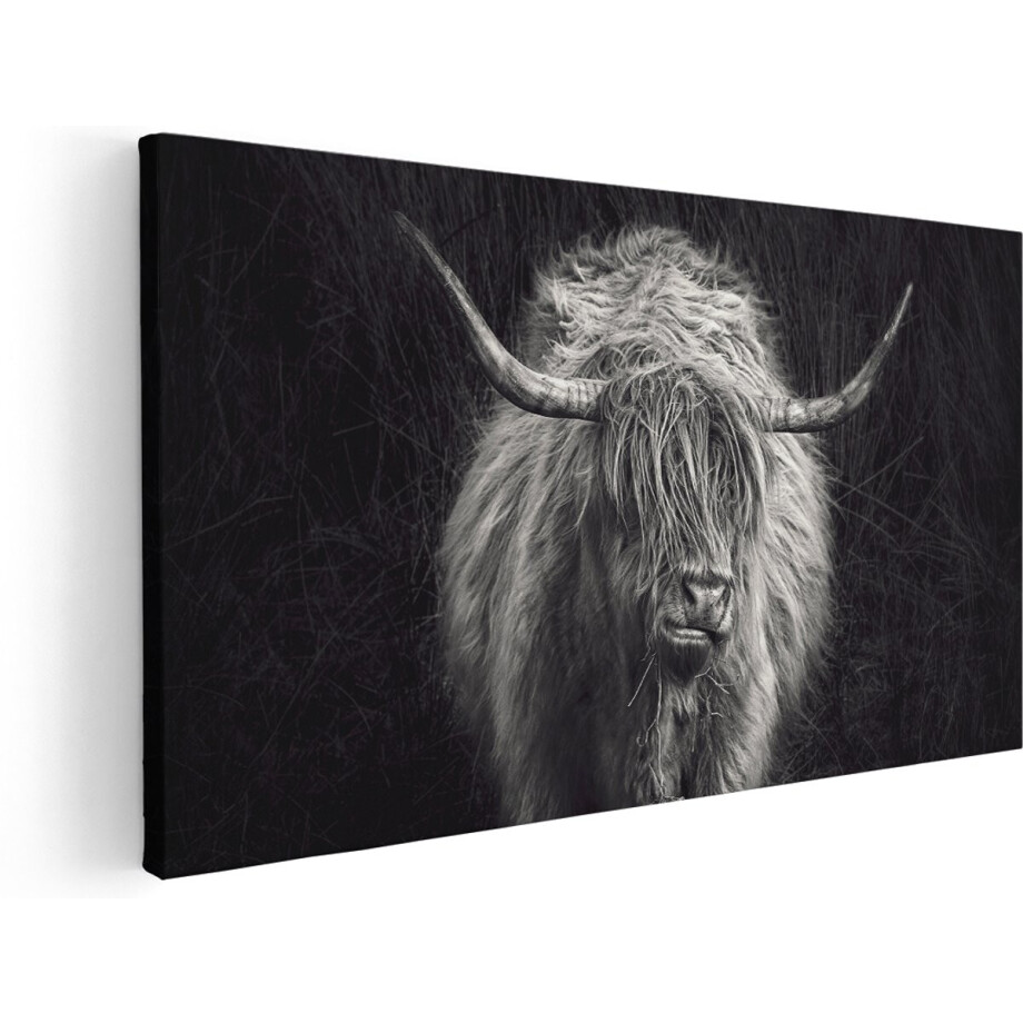 Artaza Canvas Schilderij Schotse Hooglander Koe - Zwart Wit - 180x90 cm - Groot - Wanddecoratie Woonkamer - Schilderijen - Muurdecoratie afbeelding 1