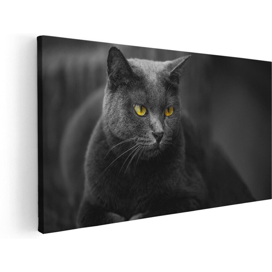 Artaza Canvas Schilderij Zwarte Kat Met Gele Ogen - 140x70 cm - Groot - Wanddecoratie Woonkamer - Schilderijen - Muurdecoratie afbeelding 1