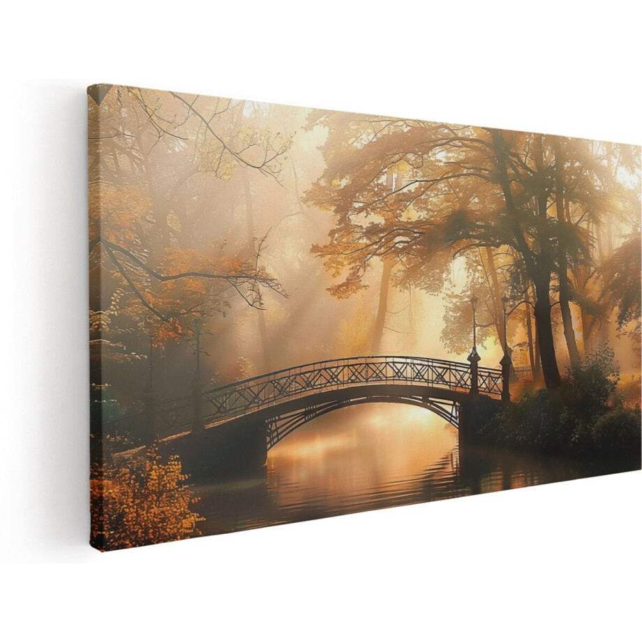 Artaza Canvas Schilderij Brug over een Rivier in een Bos - 180x90 cm - Groot - Klein - Wanddecoratie Woonkamer - Schilderijen - Muurdecoratie afbeelding 1