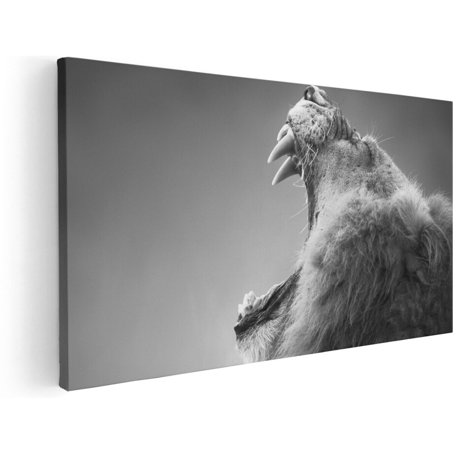 Artaza Canvas Schilderij Brullende Leeuw - Zwart Wit  - 80x40 - Foto Op Canvas - Canvas Print afbeelding 1