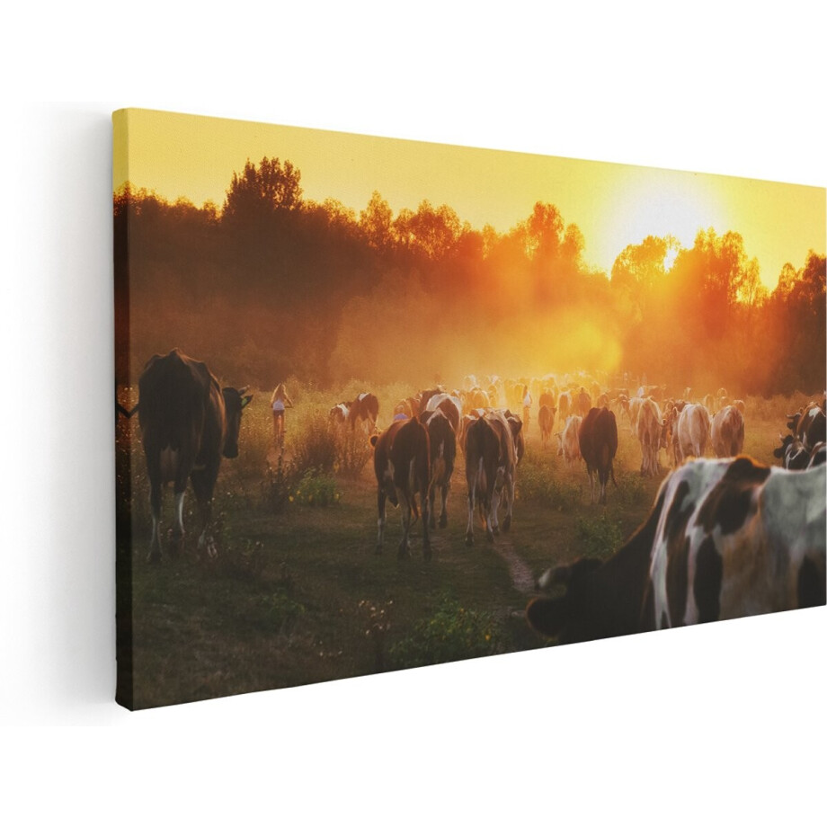 Artaza Canvas Schilderij Kudde Koeien In Weiland Bij Zonsondergang - 140x70 cm - Groot - Wanddecoratie Woonkamer - Schilderijen - Muurdecoratie afbeelding 1