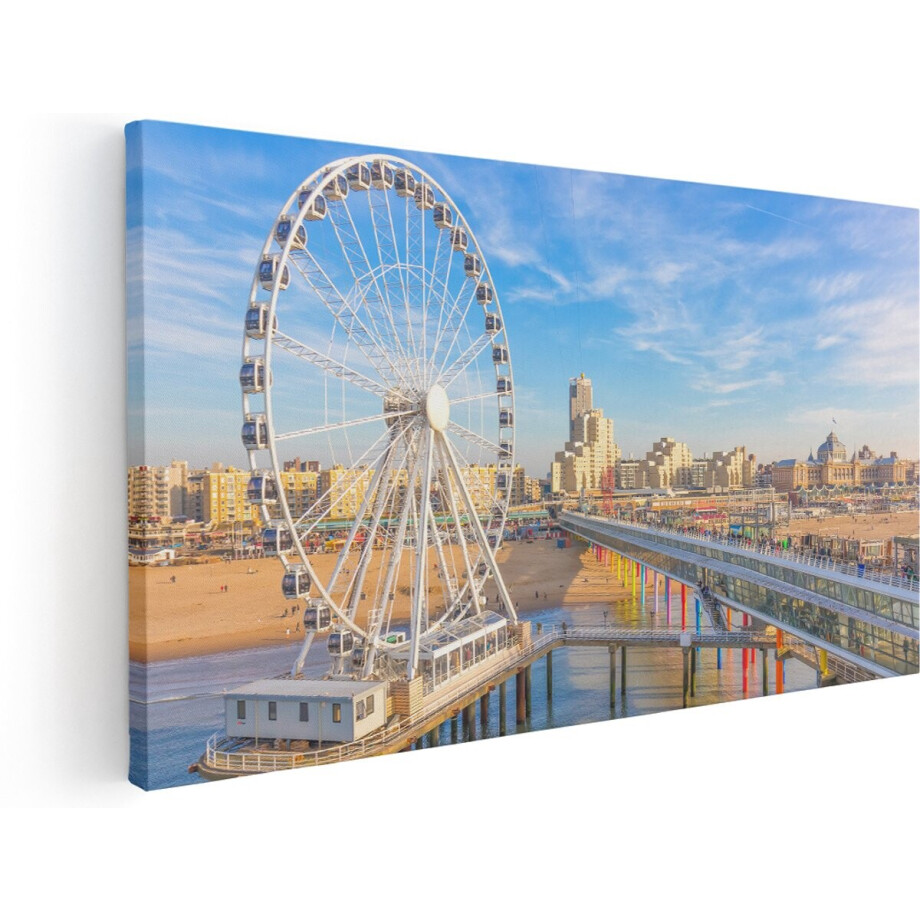 Artaza Canvas Schilderij Scheveningen Pier met de Ferris Wheel - Reuzenrad - 160x80 cm - Groot - Wanddecoratie Woonkamer - Schilderijen - Muurdecoratie afbeelding 1