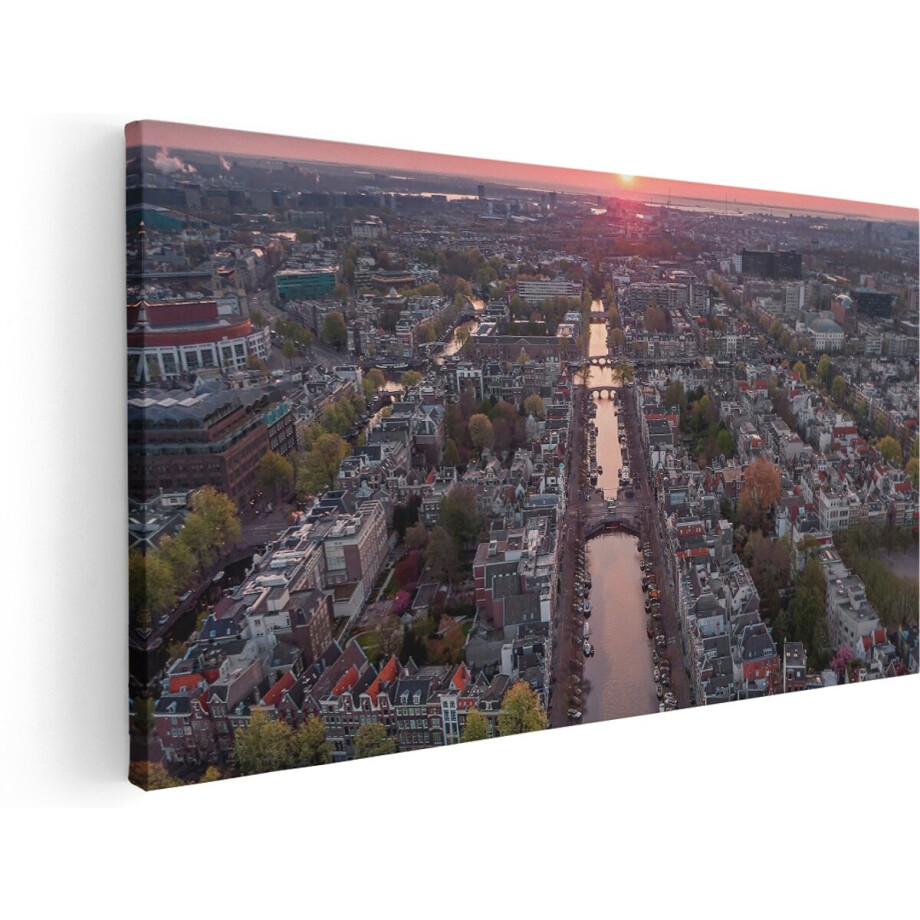Artaza Canvas Schilderij Bovenaanzicht Amsterdam Met Zonsondergang - 180x90 cm - Groot - Wanddecoratie Woonkamer - Schilderijen - Muurdecoratie afbeelding 1