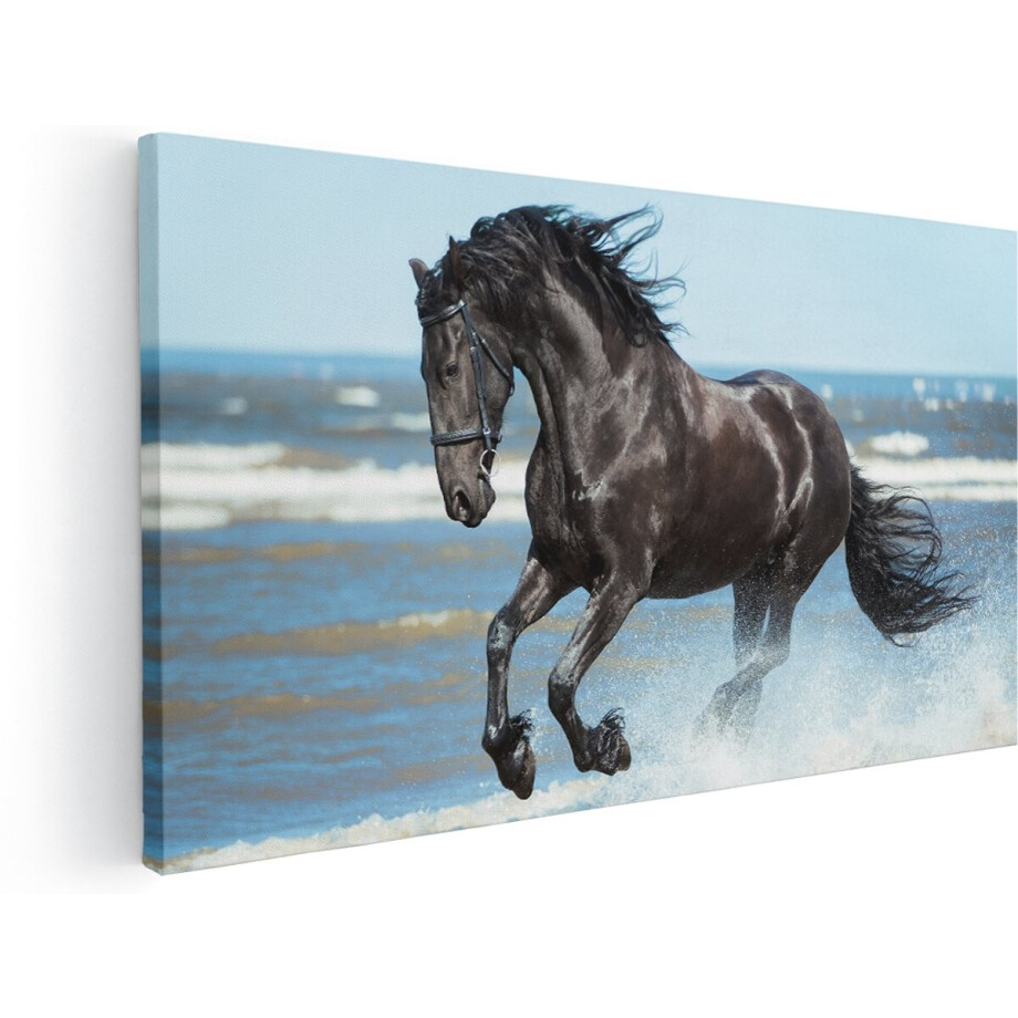 Artaza Canvas Schilderij Zwart Paard In Het Water - 180x90 cm - Groot - Wanddecoratie Woonkamer - Schilderijen - Muurdecoratie afbeelding 1