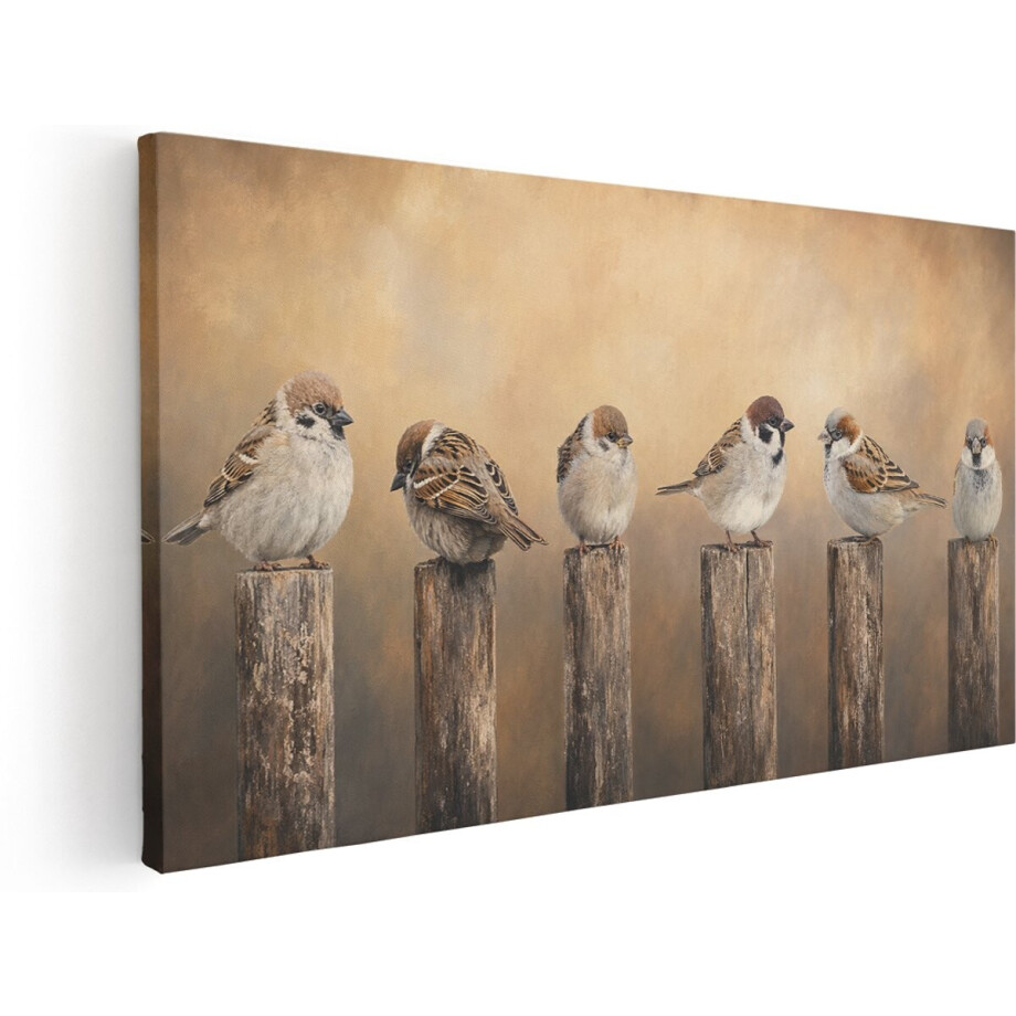 Artaza Canvas Schilderij Vogels Op Houten Palen - Natuurlijke Rust - 60x30 cm - Wanddecoratie Woonkamer - Schilderijen - Muurdecoratie afbeelding 1