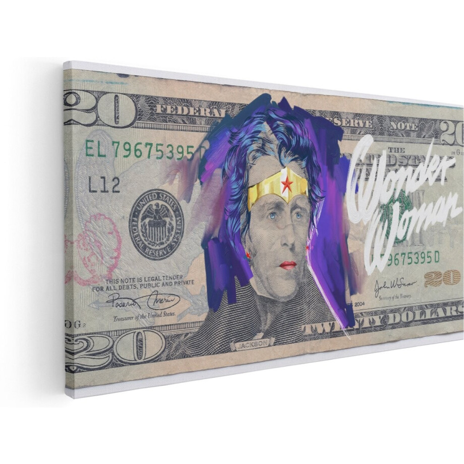Artaza Canvas Schilderij Dollar Biljet - 140x70 cm - Groot - Wanddecoratie Wonder Woman - Muurdecoratie Modern - Schilderijen Op Canvas Popart afbeelding 1