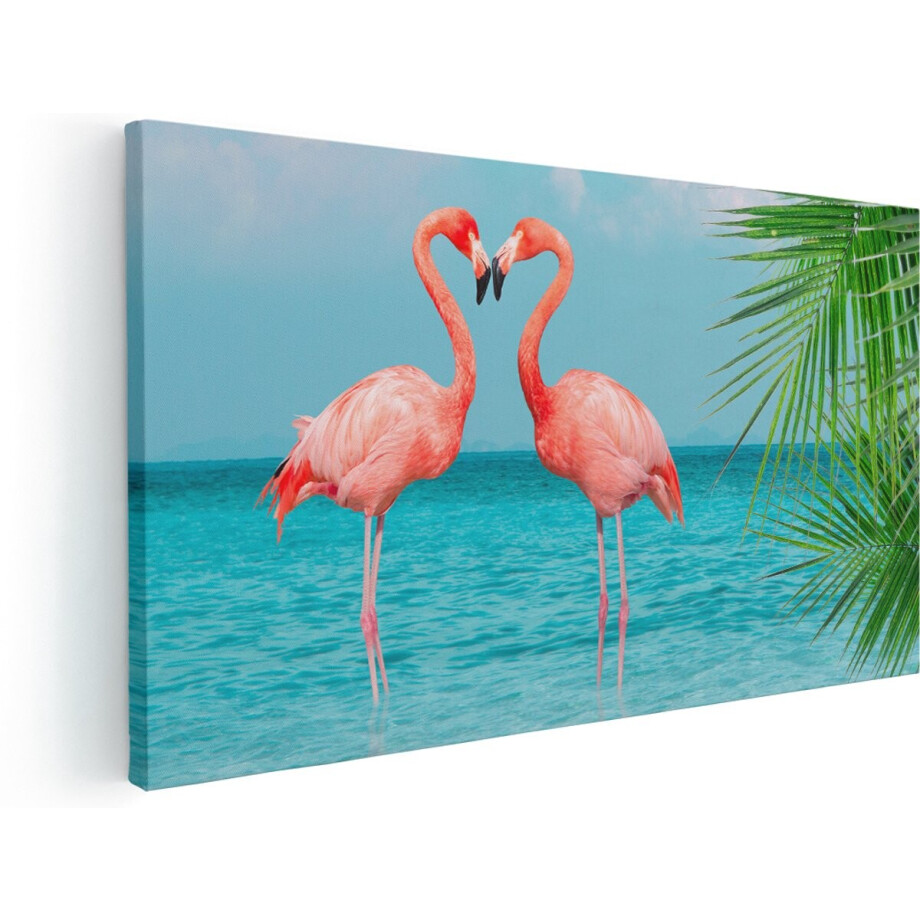Artaza Canvas Schilderij Twee Flamingo's in een Hart Vorm in het Water - 140x70 cm - Groot - Wanddecoratie Woonkamer - Schilderijen - Muurdecoratie afbeelding 1