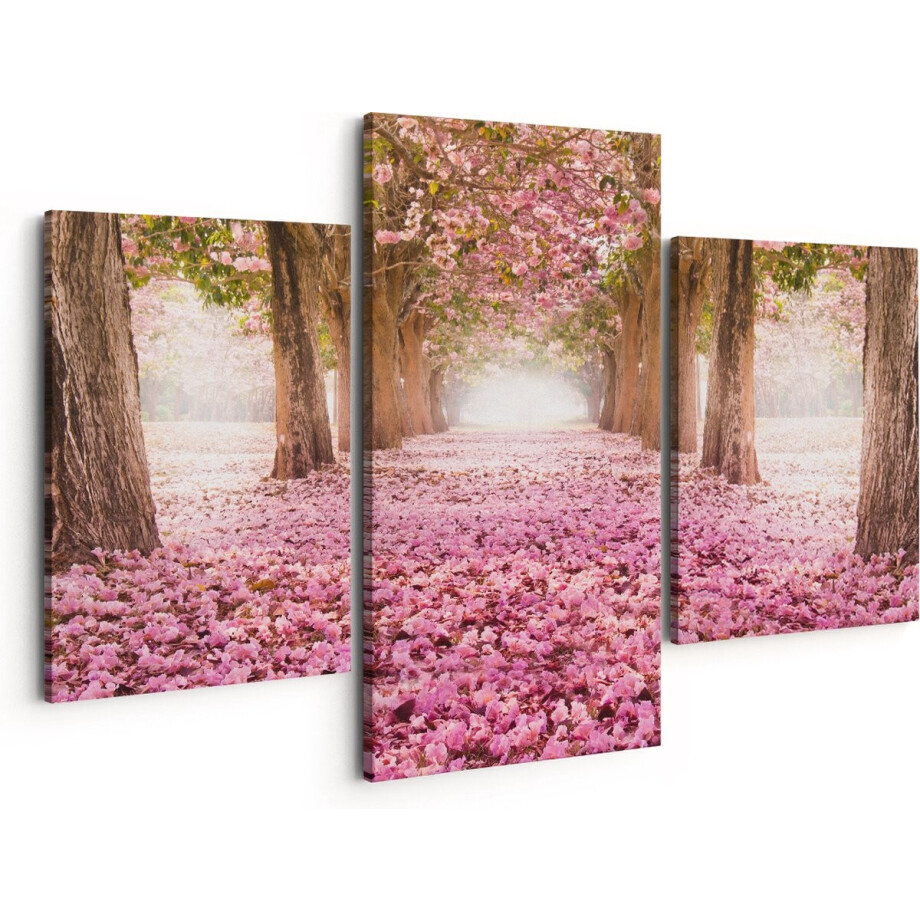 Artaza Canvas Schilderij Drieluik Romantische Bomen Tunnel Met Roze Anjers - 150x120 - Groot - Foto Op Canvas - Canvas Print afbeelding 1
