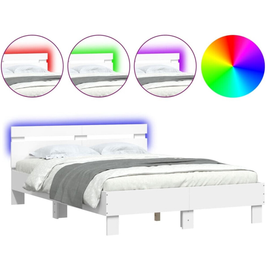 vidaXL - Bedframe - met - hoofdeinde - en - LED - wit - 135x190 - cm afbeelding 1
