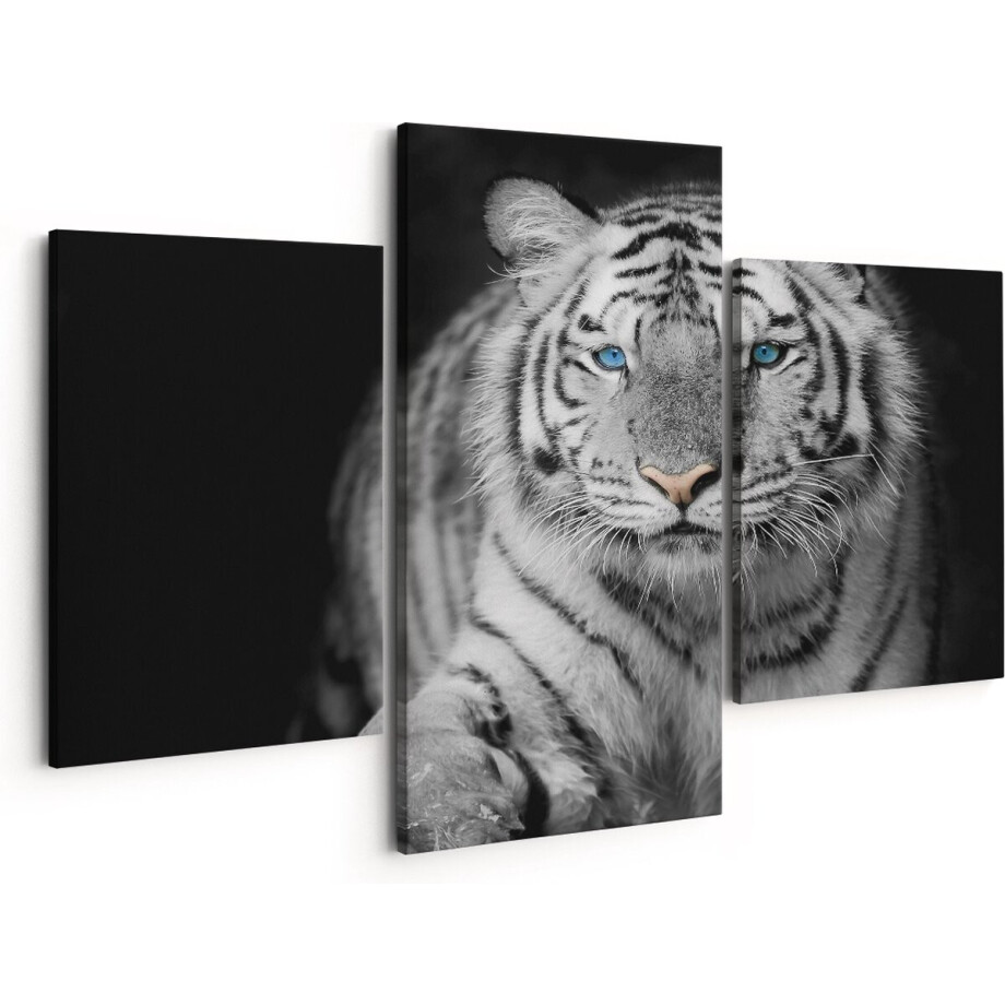 Artaza Canvas Schilderij Drieluik Tijger Met Blauwe Ogen - Zwart Wit - 150x120 - Groot - Foto Op Canvas - Canvas Print afbeelding 1