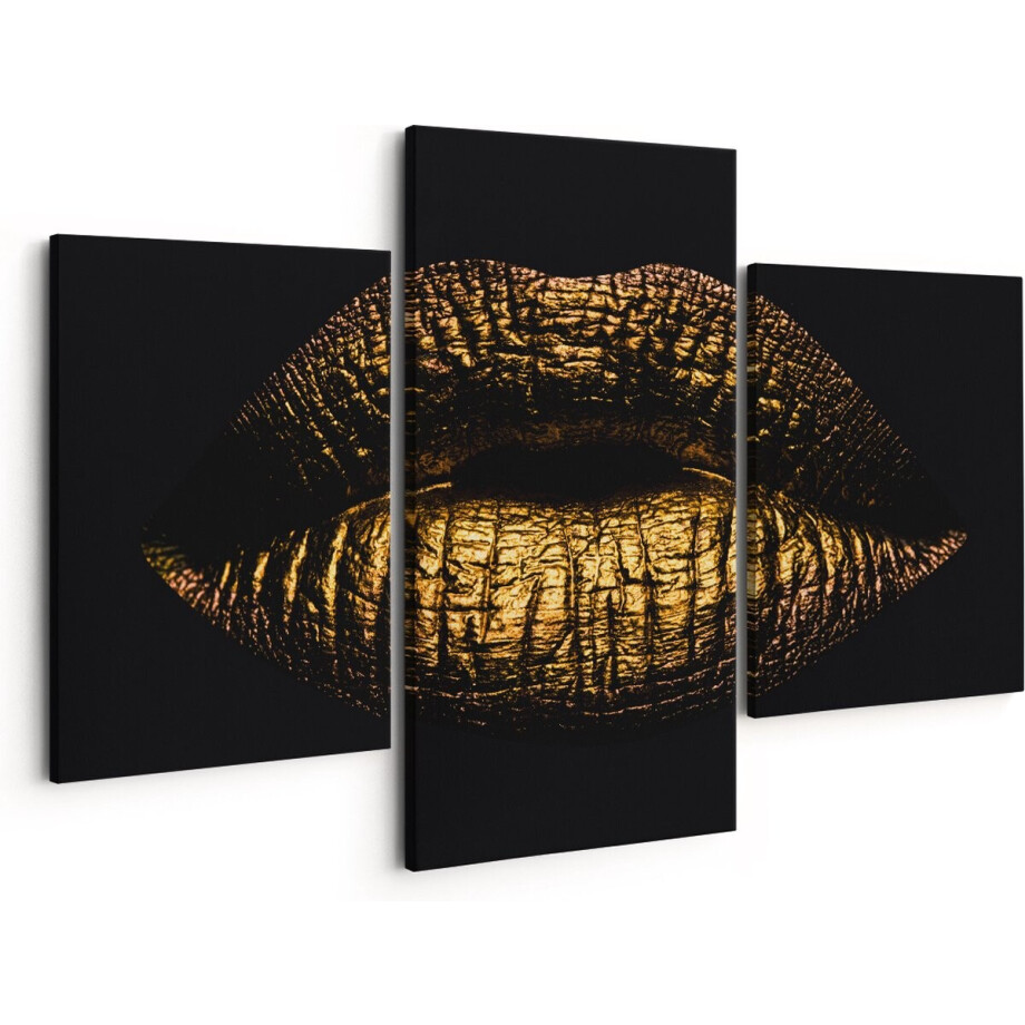 Artaza Canvas Schilderij Drieluik Gouden Lippen - 150x120 - Groot - Foto Op Canvas - Canvas Print afbeelding 1