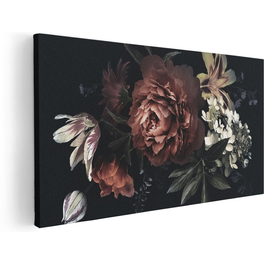 Artaza Canvas Schilderij Bloemen Op Een Zwart Achtergrond - 80x40 cm - Wanddecoratie Woonkamer - Schilderijen - Muurdecoratie afbeelding 1