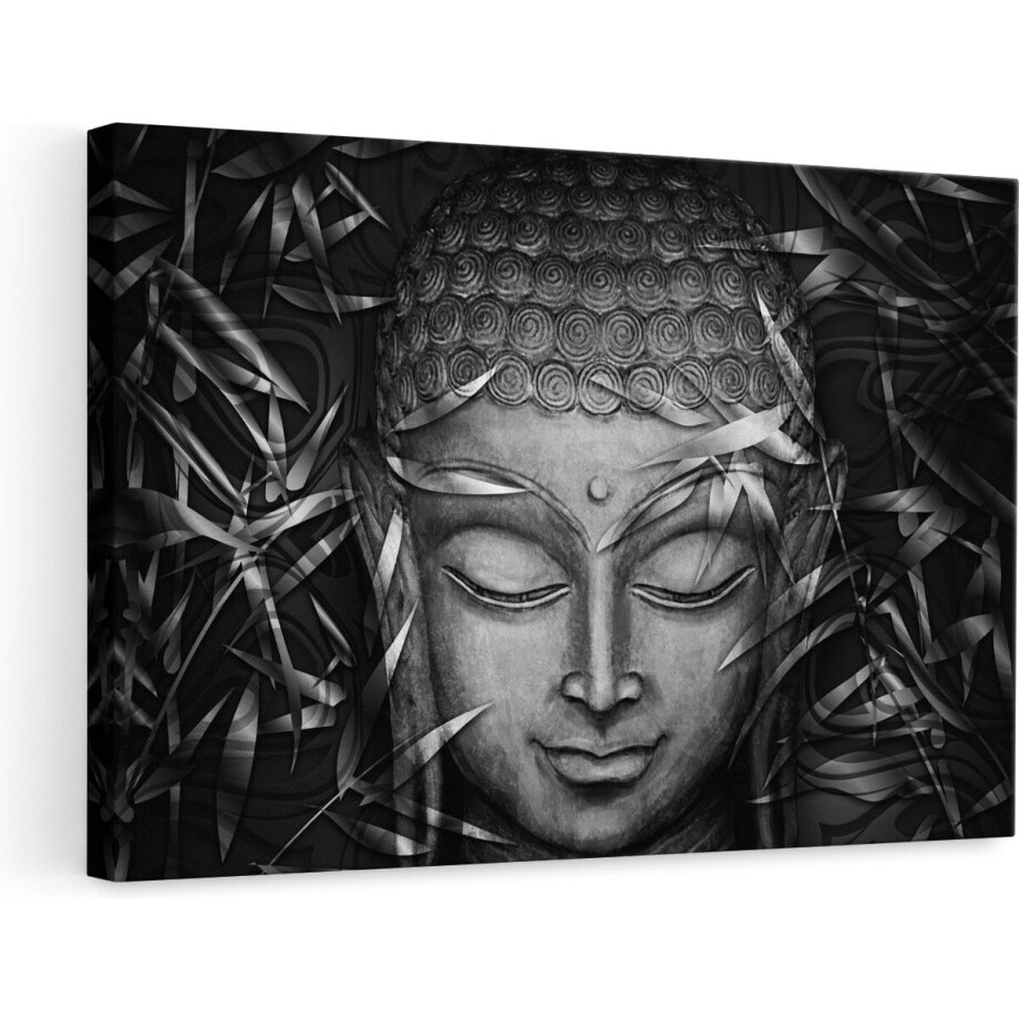 Artaza Canvas Schilderij Boeddha - 90x60 cm - Wanddecoratie Zwart Wit - Muurdecoratie Spiritueel - Kamer Accessoires Woonkamer afbeelding 1