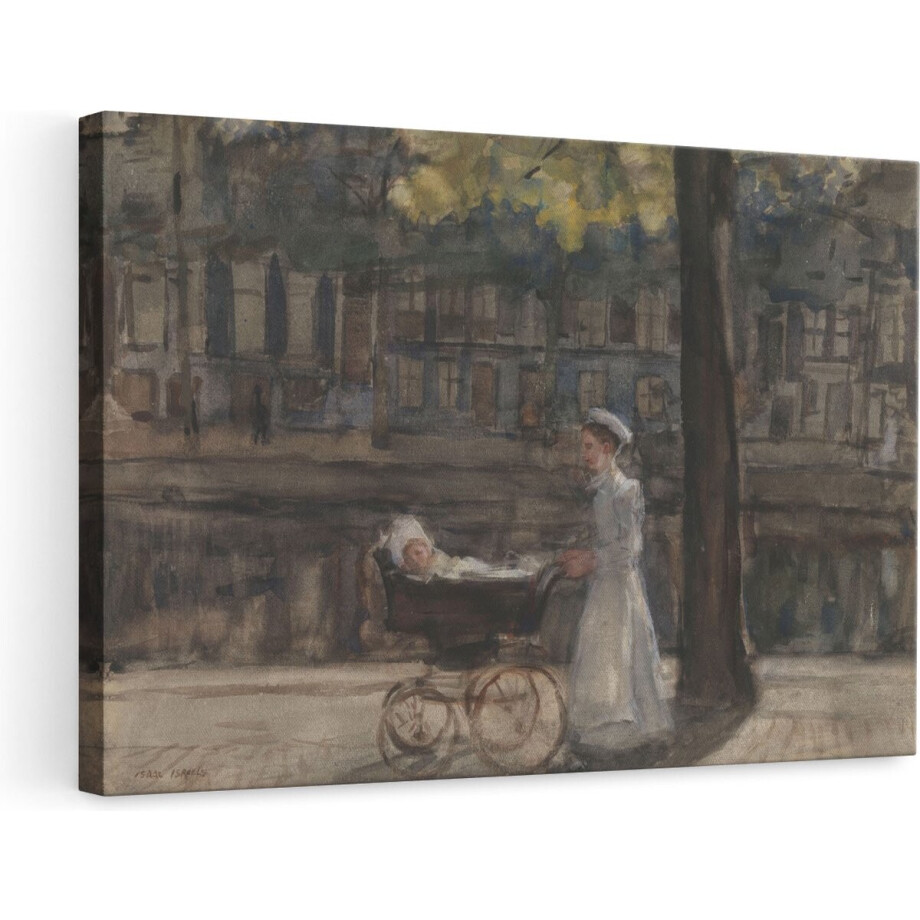 Artaza Canvas Schilderij Dienstmeisje met Kinderwagen op de Keizersgracht - Isaac Israels - 90x60 - Kunst - Canvas Print - Muurdecoratie afbeelding 1