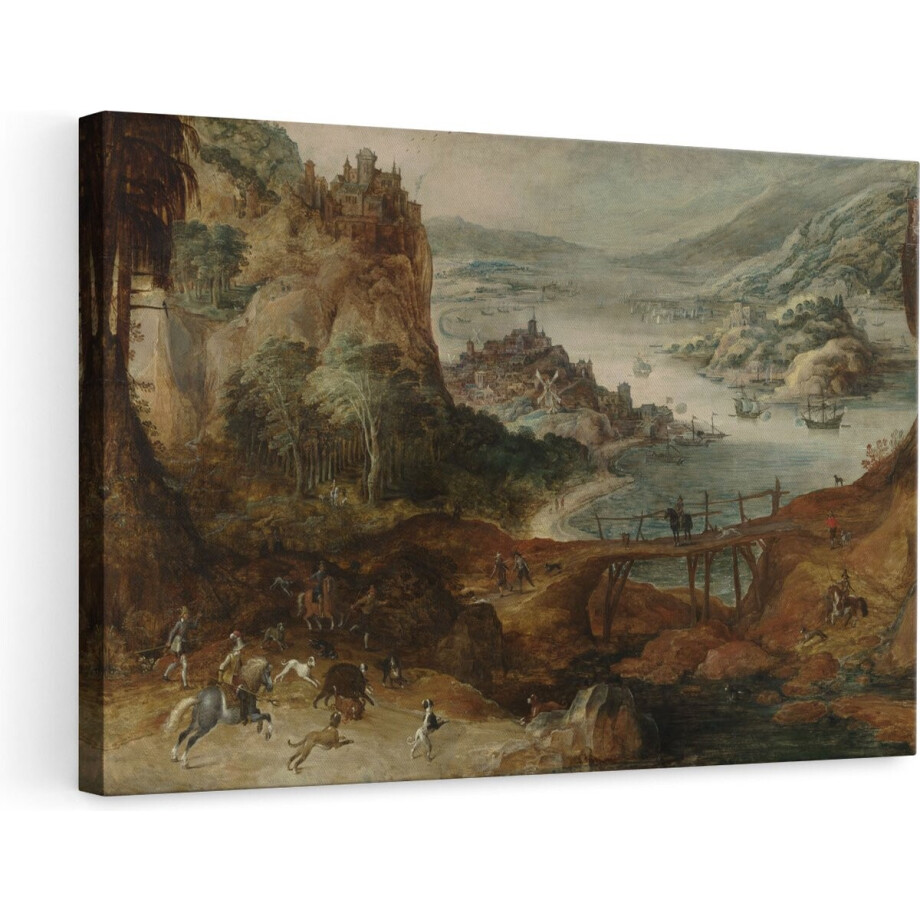 Artaza Canvas Schilderij Rivierlandschap met Everzwijnjacht - Joos de Momper - 90x60 - Kunst - Canvas Print - Muurdecoratie afbeelding 1