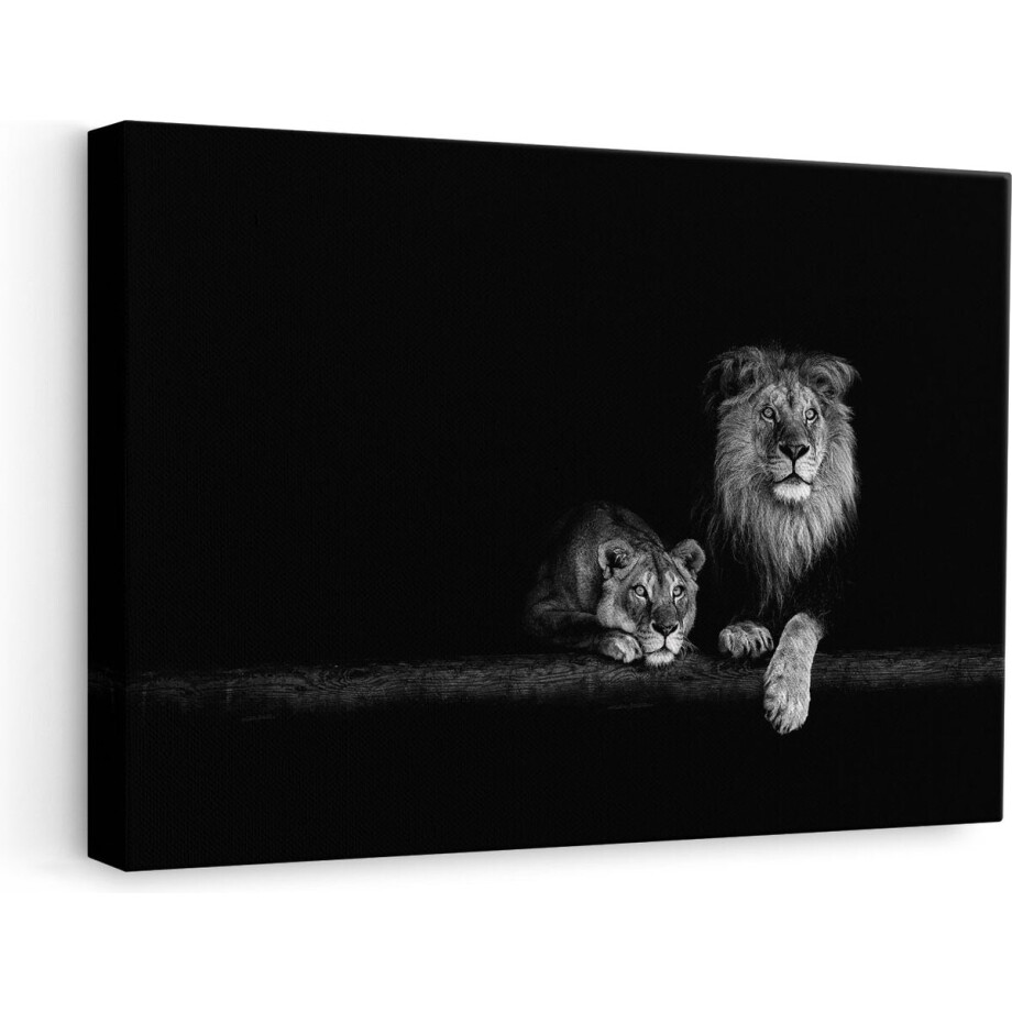 Artaza Canvas Schilderij Leeuw en Leeuwin op een Boomstronk - Zwart Wit - 60x40 - Foto Op Canvas - Canvas Print afbeelding 1