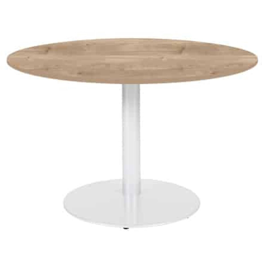 Linesto 120cm ronde vergadertafel op vaste hoogte (74cm) met honey castello 25mm blad en witte (RAL9010) trompetvoet Linesto 120cm ronde vergadertafel op vaste hoogte (74cm) met honey castello 25mm blad en witte (RAL9010) trompetvoet afbeelding 1