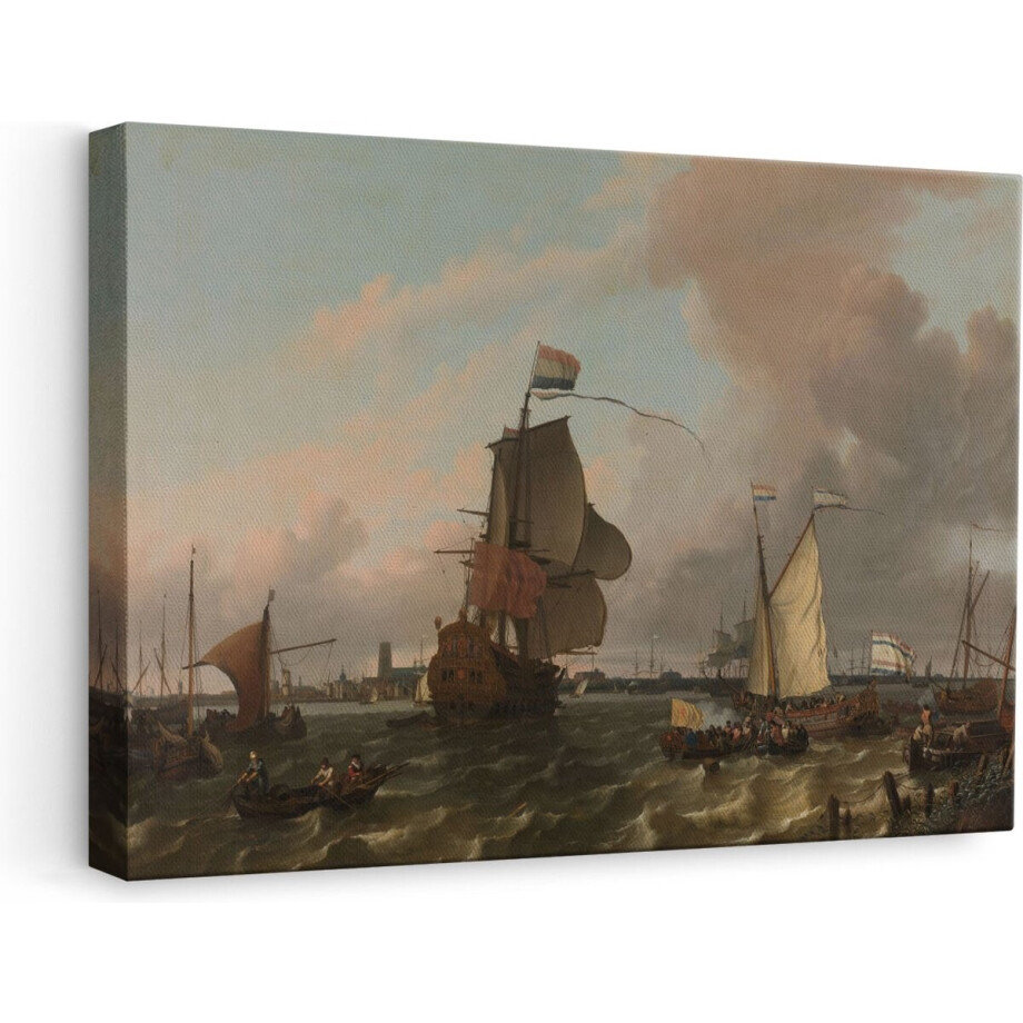 Artaza Canvas Schilderij Het Oorlogsschip Brielle op de Maas voor Rotterdam - Ludolf Bakhuysen - 60x40 cm - Wanddecoratie Slaapkamer - Poster Schilderijen - Muurdecoratie afbeelding 1