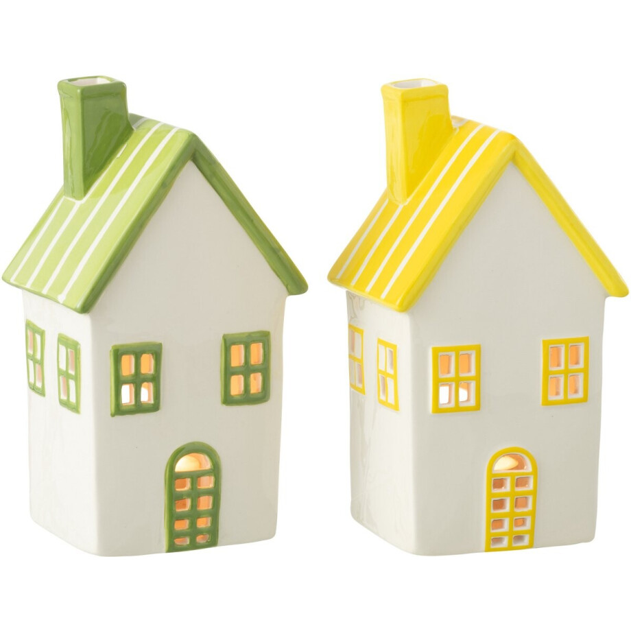 J-Line theelichthouder Huis Dolomiet - keramiek - geel/groen - 2 stuks J-Line theelichthouder Huis Dolomiet - keramiek - geel/groen - 2 stuks afbeelding 1