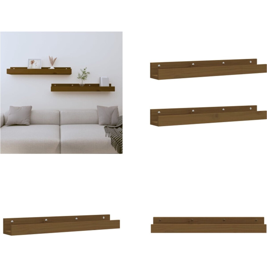 vidaXL - Wandschappen - 2 - st - 80x12x9 - cm - massief - grenenhout - honingbruin afbeelding 1