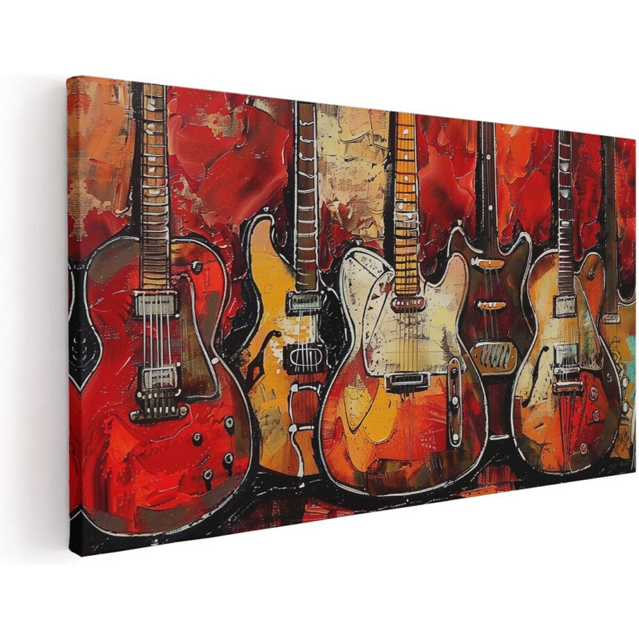Artaza Canvas Schilderij Groep Gitaren op een Rode Achtergrond - 60x30 cm - Klein - Wanddecoratie Woonkamer - Schilderijen - Muurdecoratie afbeelding 1