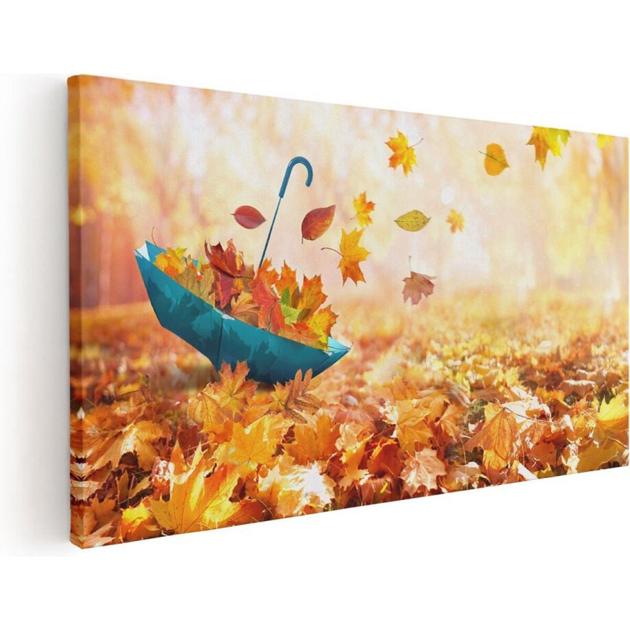 Artaza Canvas Schilderij Blauwe Paraplu in de Herfstbos met Bladeren - 60x30 - Foto Op Canvas - Canvas Print afbeelding 1