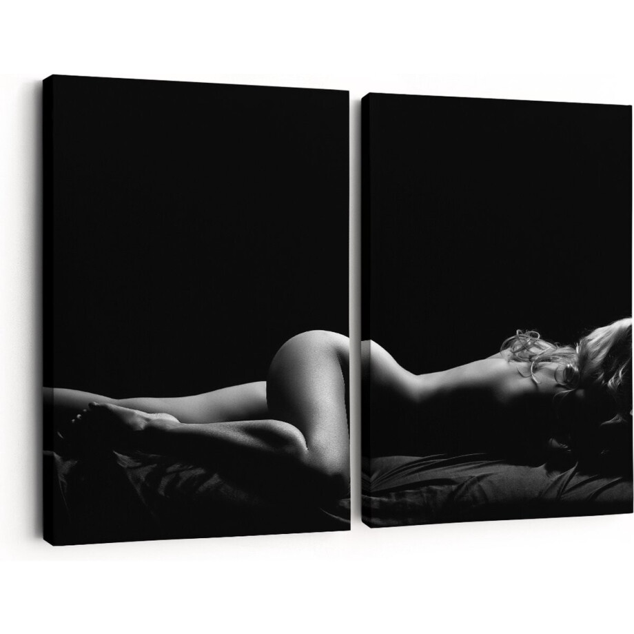 Artaza Canvas Schilderij Tweeluik Vrouw Naakt in Bed - Erotiek - Zwart Wit - 180x120 - Groot - Foto Op Canvas - Canvas Print afbeelding 1